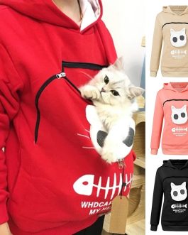 Women Hoodie Sweatshirt With Cat Pet Pocket Design Long Sleeve Sweater Cat Outfit